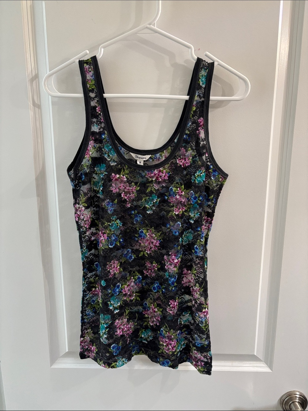 Aeropostale Black Floral Lace-Overlay Tank with Purple & Teal Accents